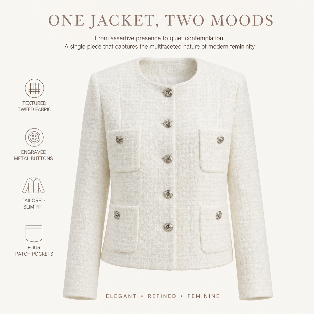 Women's Cropped Tweed Blazer, Vintage Open Front Long Sleeve Fully Lined Jacket, Casual Business Office Coat