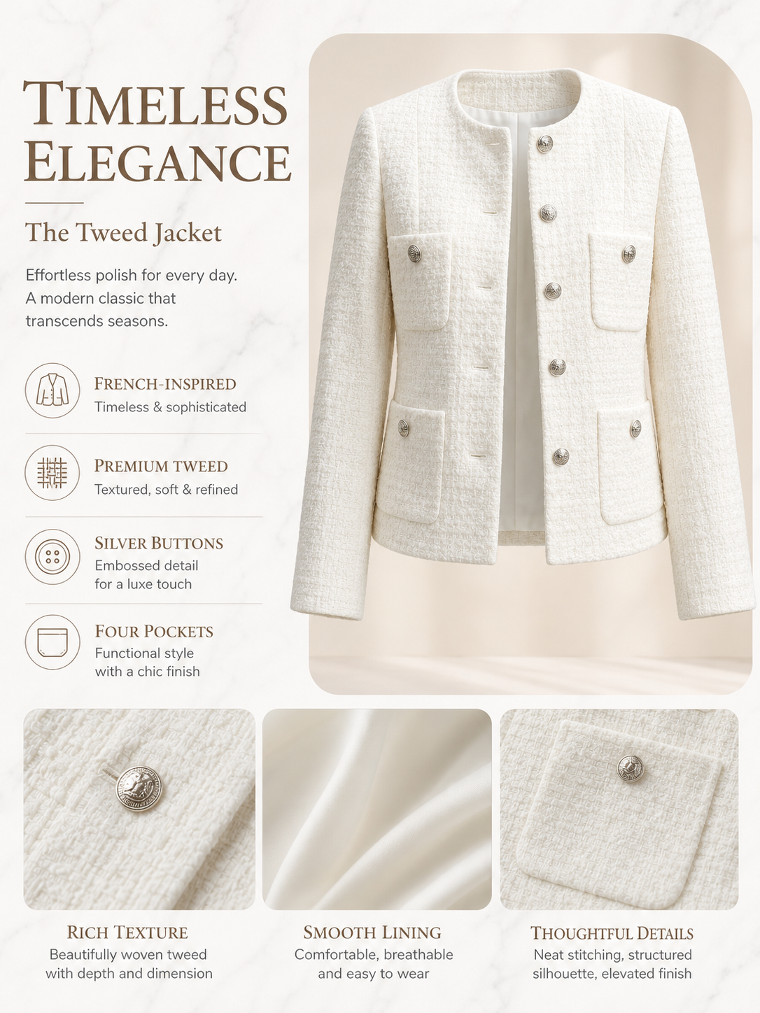 Women's Cropped Tweed Blazer, Vintage Open Front Long Sleeve Fully Lined Jacket, Casual Business Office Coat