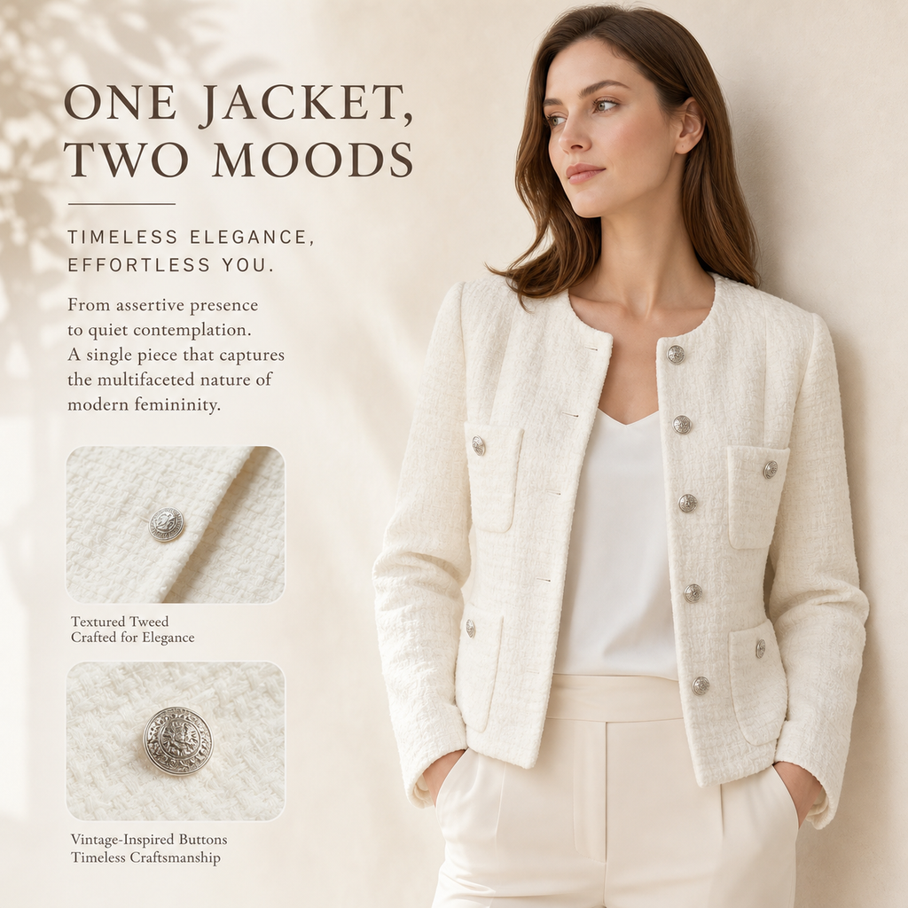 Women's Cropped Tweed Blazer, Vintage Open Front Long Sleeve Fully Lined Jacket, Casual Business Office Coat
