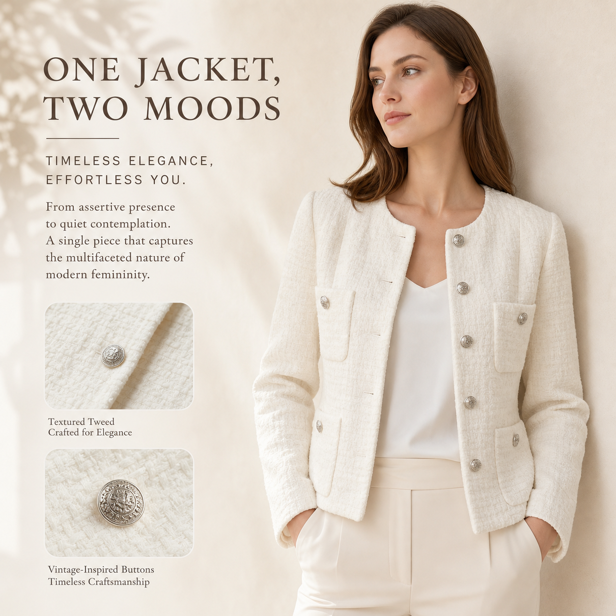 Women's Cropped Tweed Blazer, Vintage Open Front Long Sleeve Fully Lined Jacket, Casual Business Office Coat