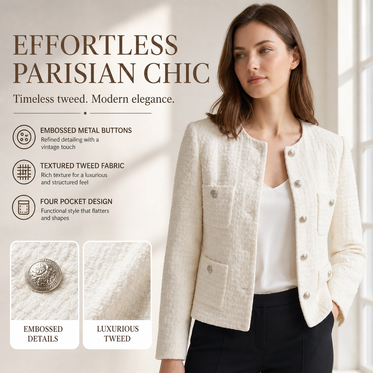 Women's Cropped Tweed Blazer, Vintage Open Front Long Sleeve Fully Lined Jacket, Casual Business Office Coat