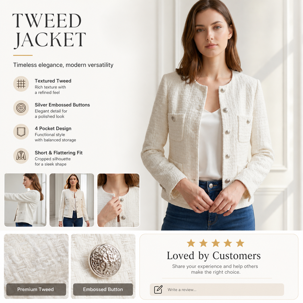 Women's Cropped Tweed Blazer, Vintage Open Front Long Sleeve Fully Lined Jacket, Casual Business Office Coat