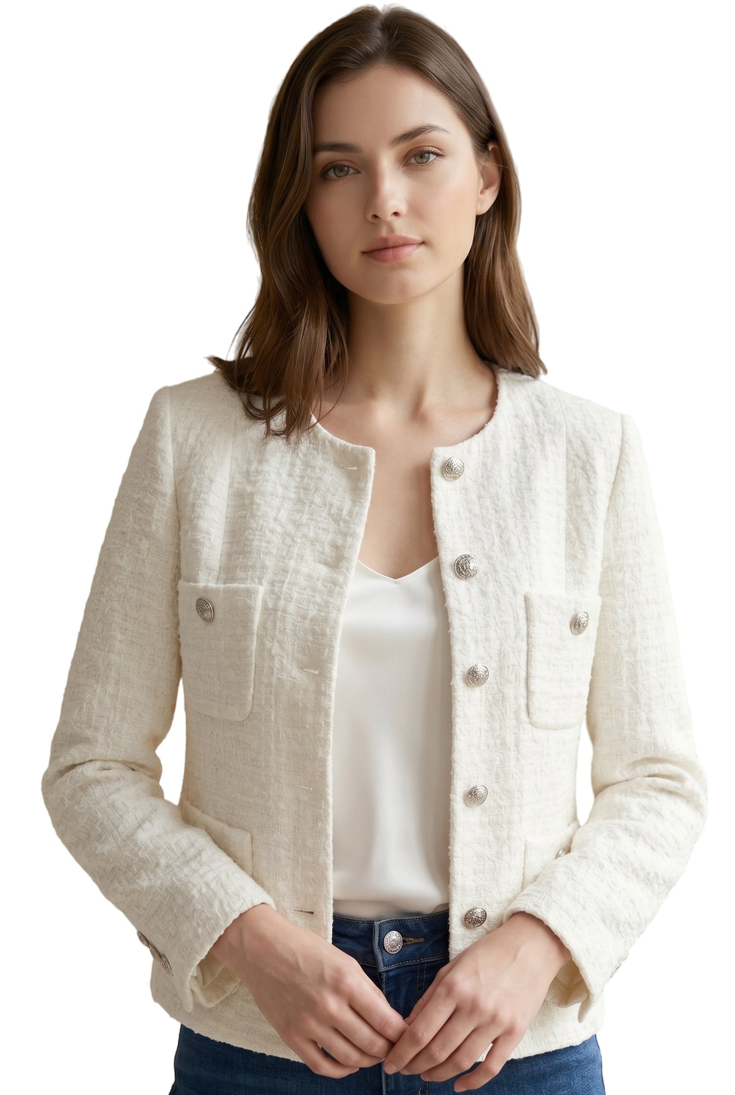 Women's Cropped Tweed Blazer, Vintage Open Front Long Sleeve Fully Lined Jacket, Casual Business Office Coat