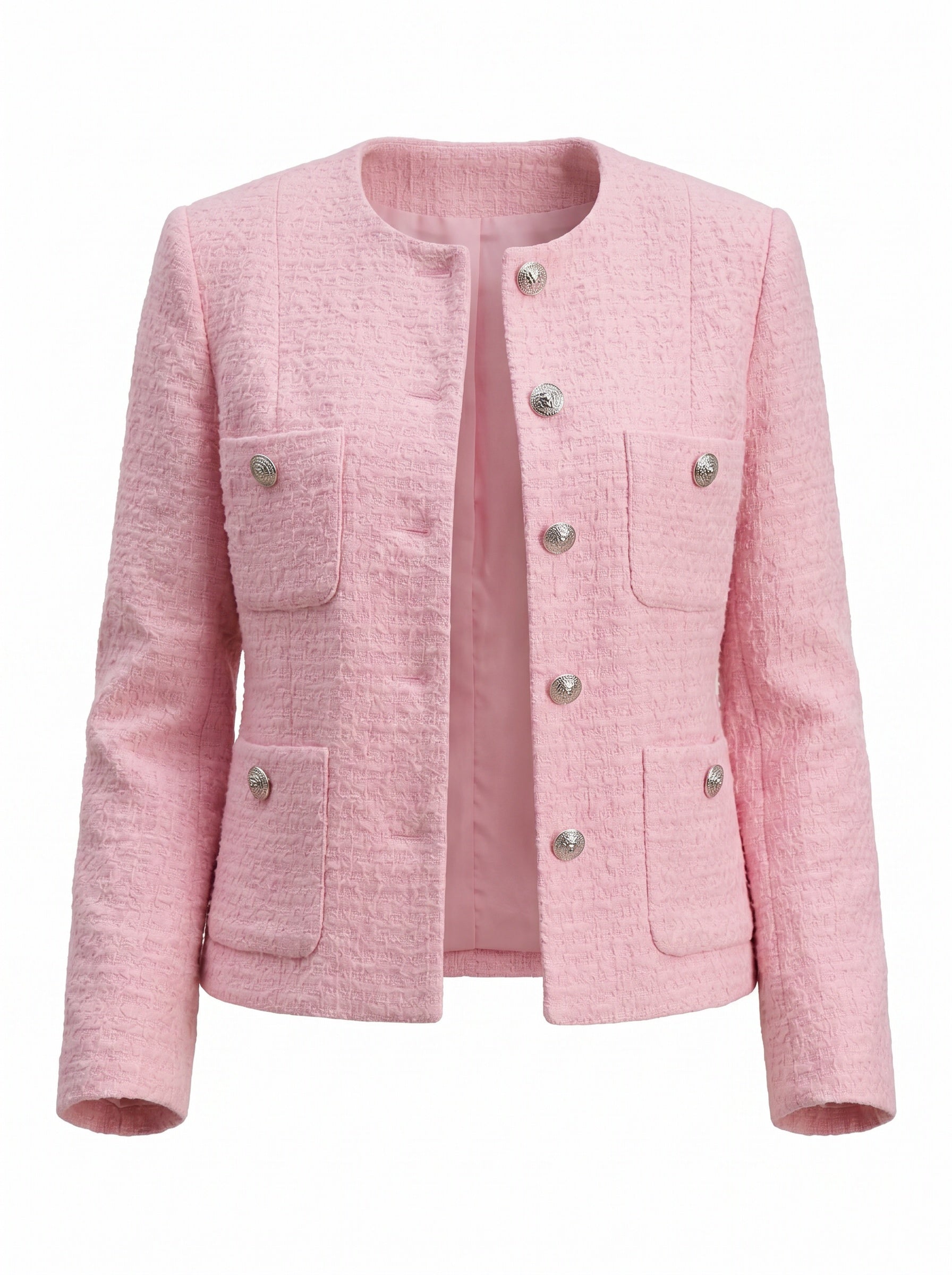 Women Pink Tweed Blazer, Round Neck Long Sleeve Cropped Jacket, Silver Metal Button Fully Lined Elegant Outerwear for Office Wedding Daily Wear