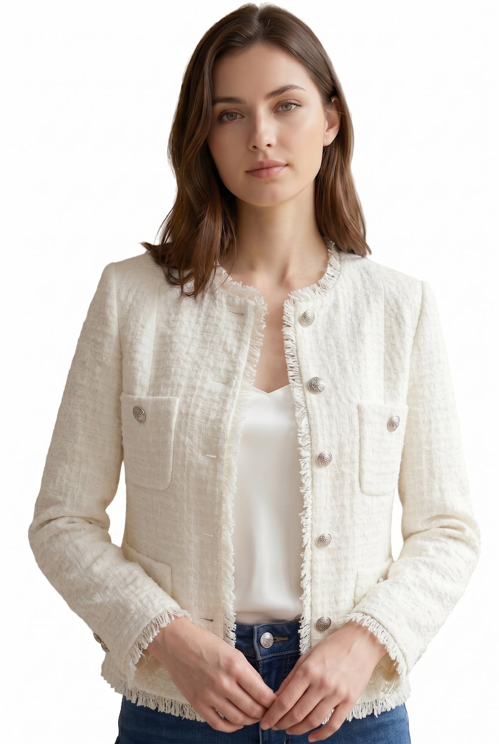 Women's Cropped Fringe Tweed Blazer Vintage Open Front Jacket with Full Liner and Pockets Business Casual Dressy Jacket Office Coat