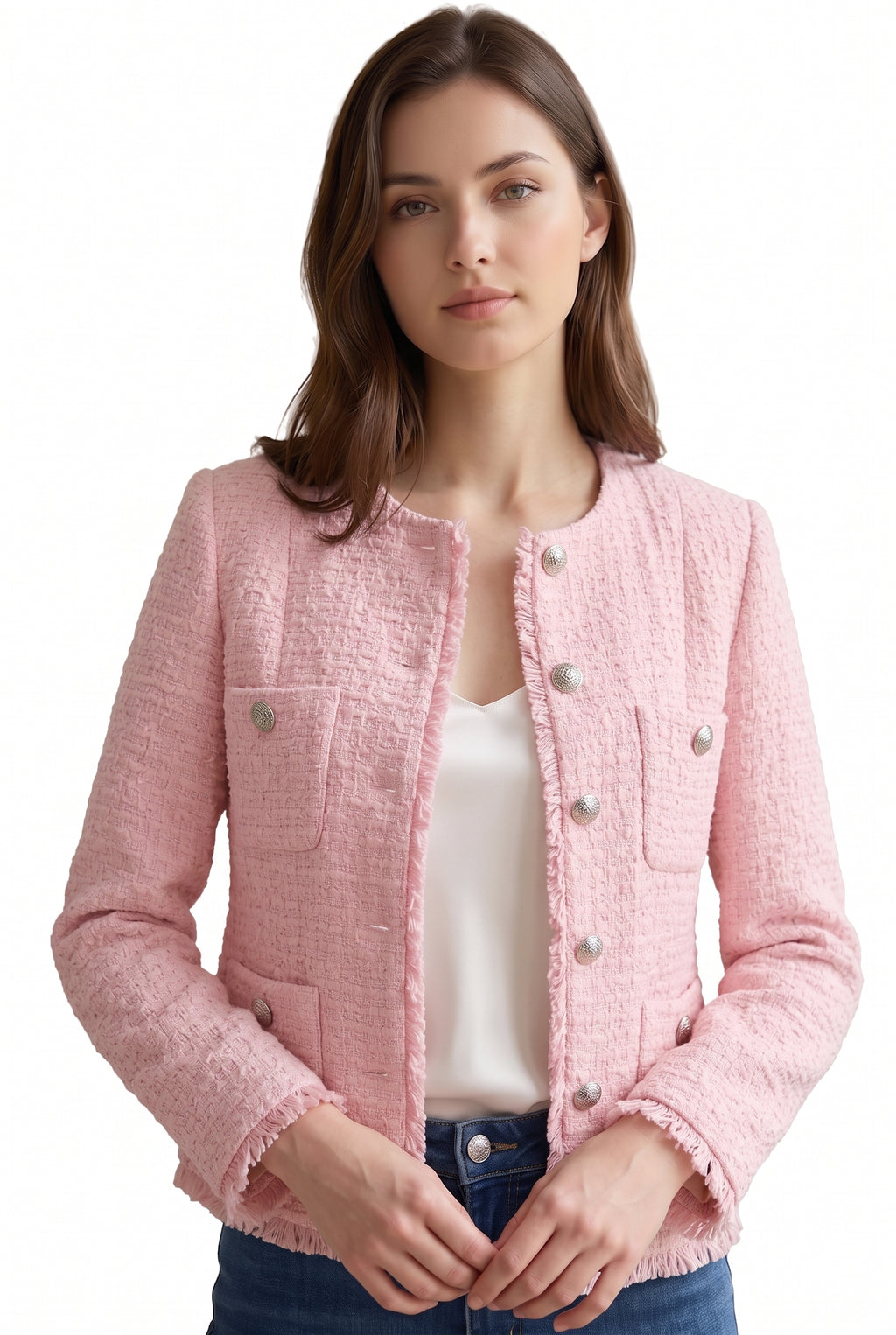 Women Pink Tweed Blazer, Round Neck Long Sleeve Cropped Jacket, Silver Metal Button Fully Lined Elegant Outerwear for Office Wedding Daily Wear