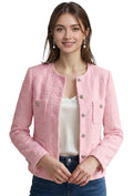 Women Pink Tweed Blazer, Round Neck Long Sleeve Cropped Jacket, Silver Metal Button Fully Lined Elegant Outerwear for Office Wedding Daily Wear