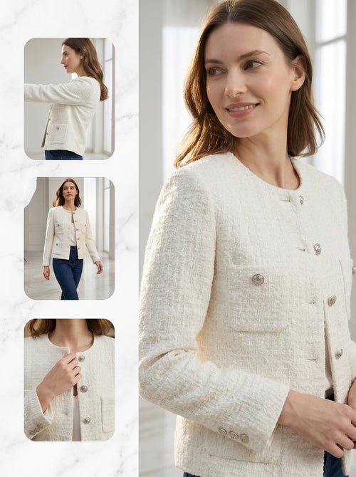 Women's Cropped Tweed Blazer, Vintage Open Front Long Sleeve Fully Lined Jacket, Casual Business Office Coat