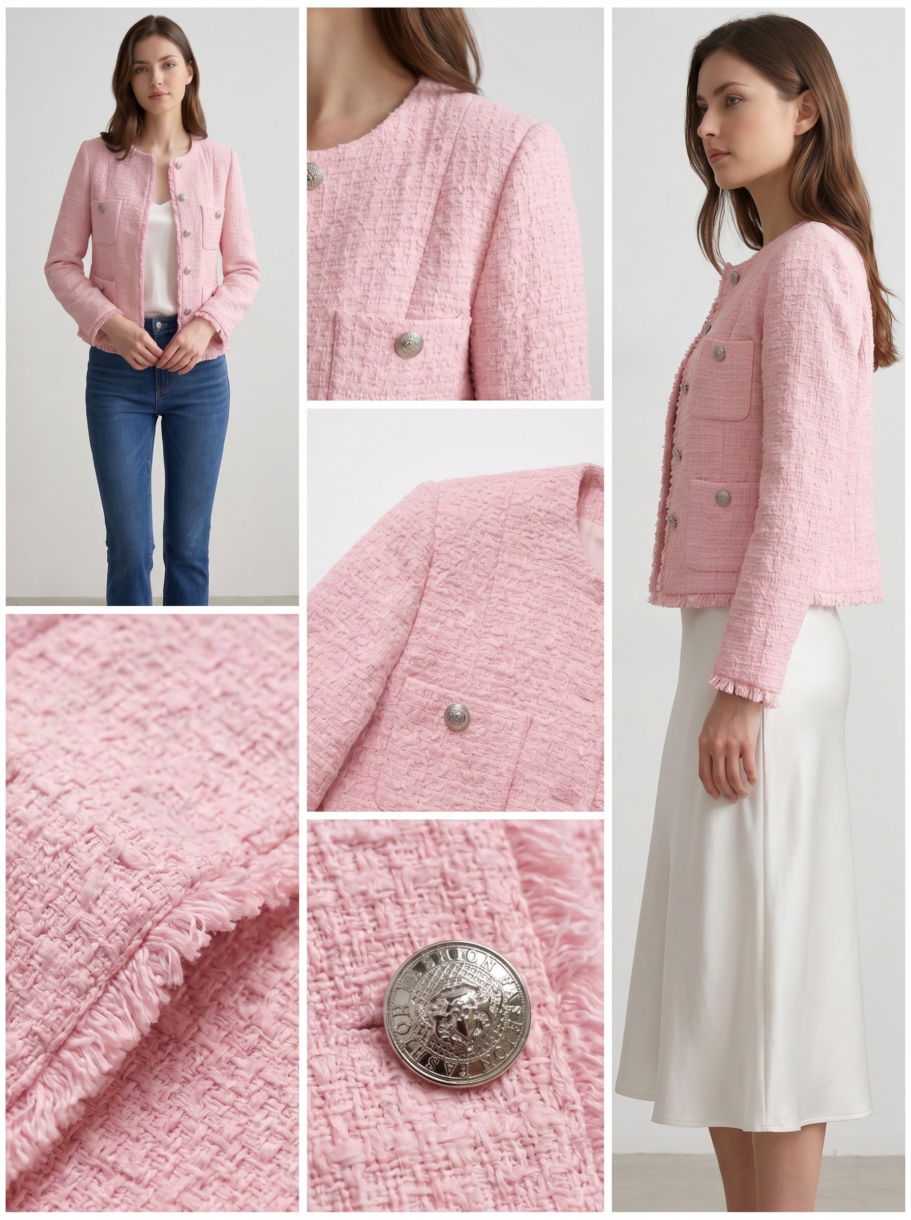 Women Pink Tweed Blazer, Round Neck Long Sleeve Cropped Jacket, Silver Metal Button Fully Lined Elegant Outerwear for Office Wedding Daily Wear