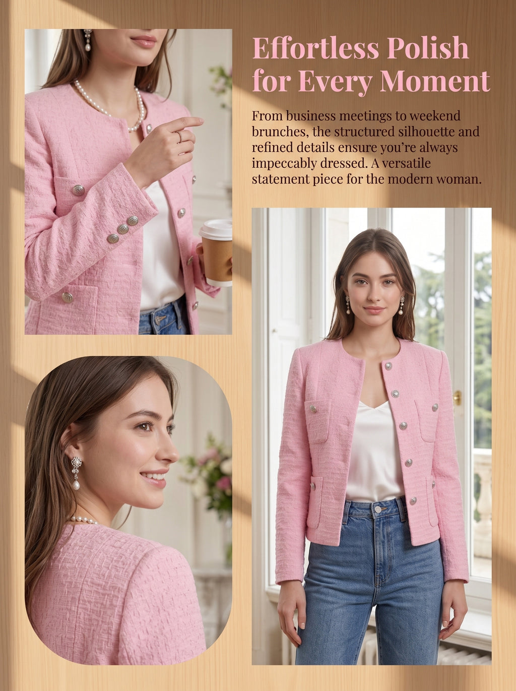 Women Pink Tweed Blazer, Round Neck Long Sleeve Cropped Jacket, Silver Metal Button Fully Lined Elegant Outerwear for Office Wedding Daily Wear