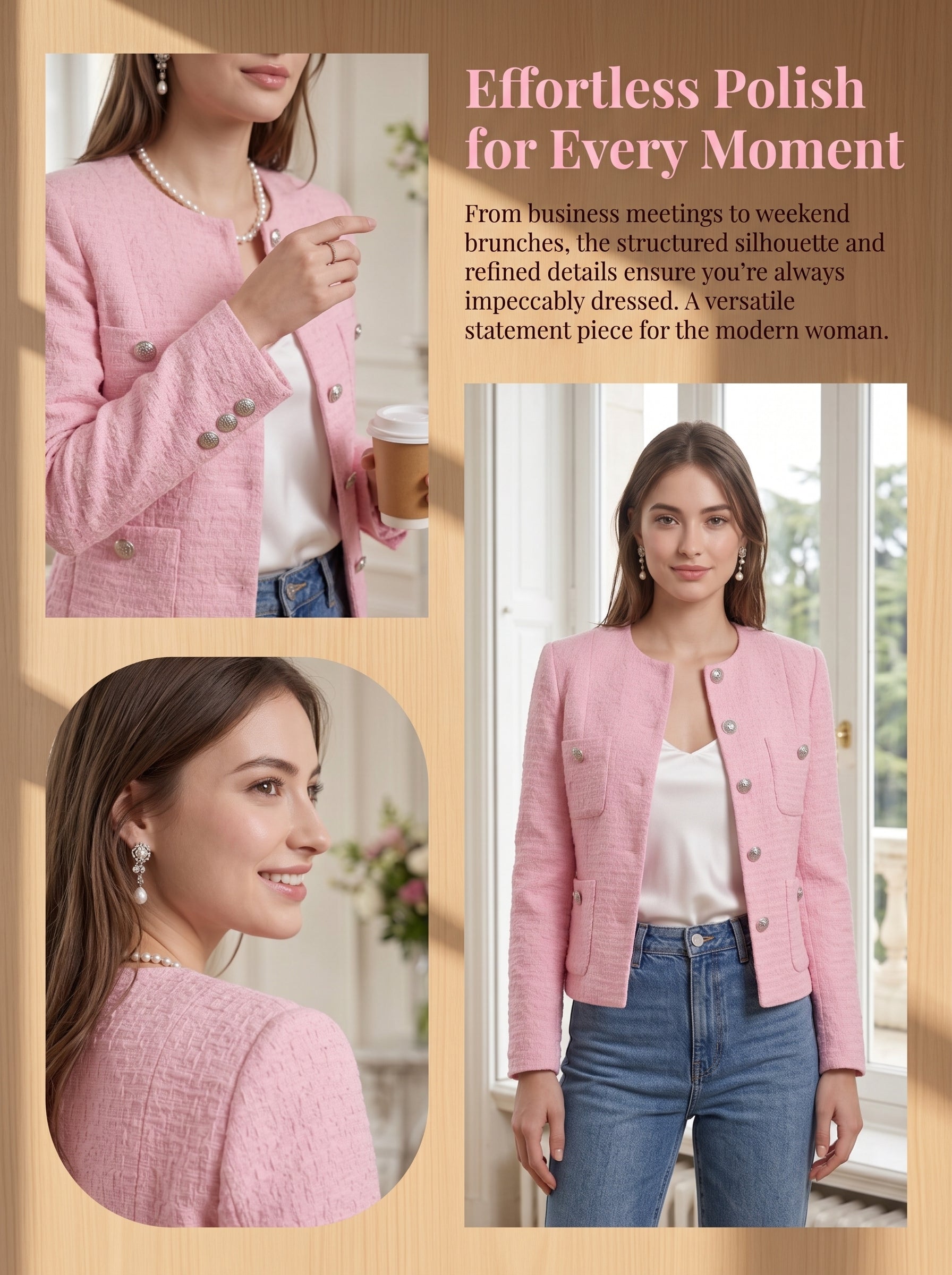 Women Pink Tweed Blazer, Round Neck Long Sleeve Cropped Jacket, Silver Metal Button Fully Lined Elegant Outerwear for Office Wedding Daily Wear