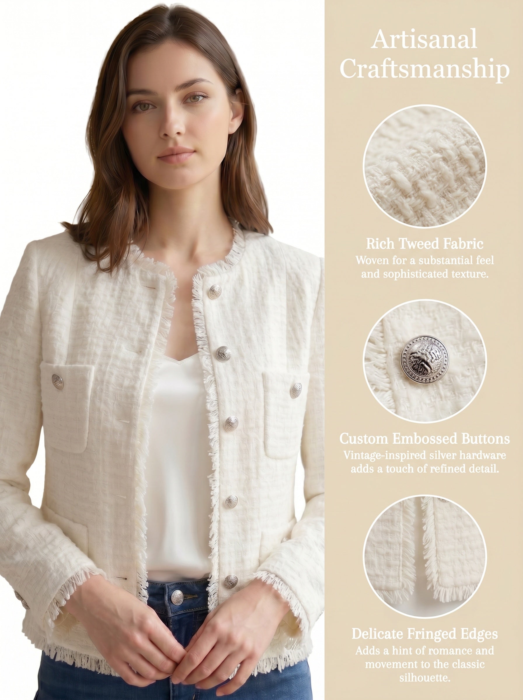 Women's Cropped Fringe Tweed Blazer Vintage Open Front Jacket with Full Liner and Pockets Business Casual Dressy Jacket Office Coat