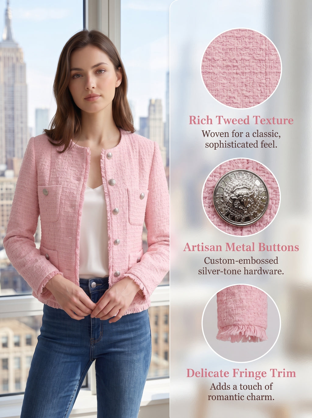 Women Pink Tweed Blazer, Round Neck Long Sleeve Cropped Jacket, Silver Metal Button Fully Lined Elegant Outerwear for Office Wedding Daily Wear