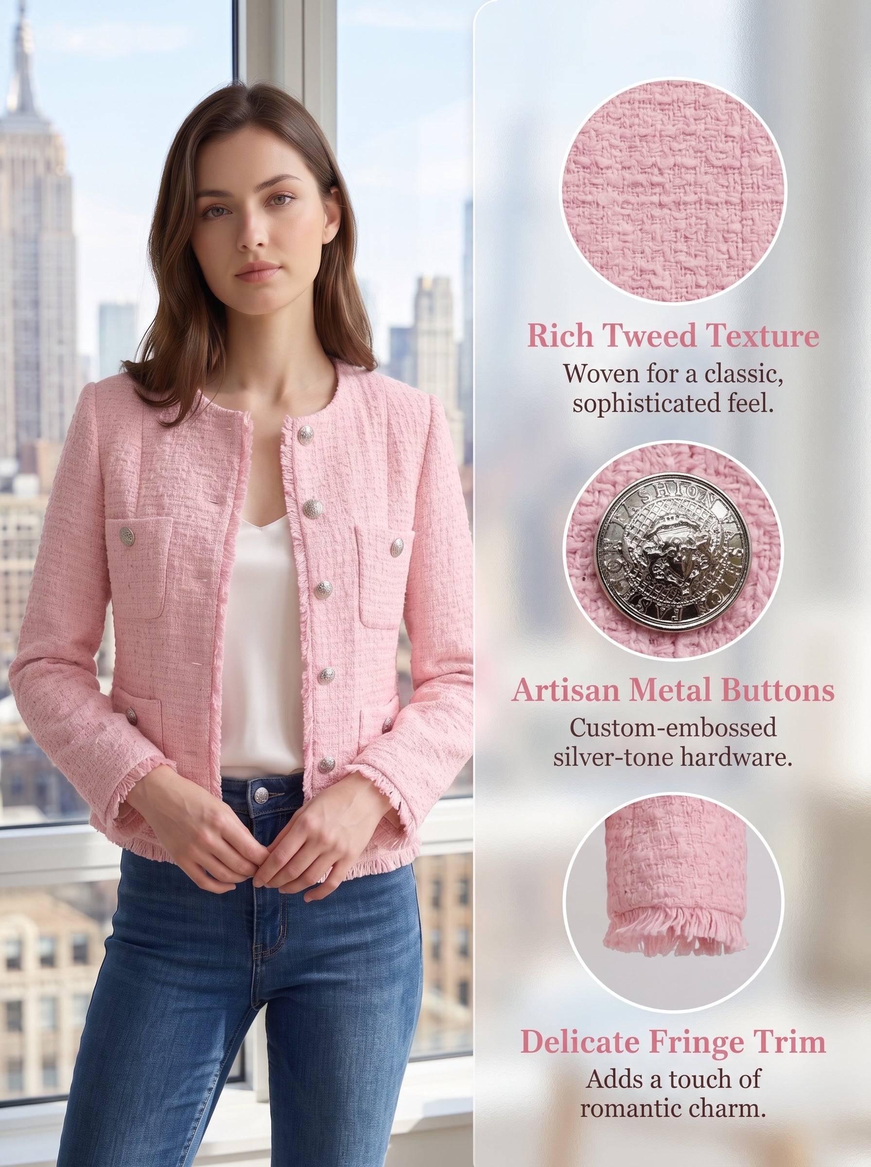 Women Pink Tweed Blazer, Round Neck Long Sleeve Cropped Jacket, Silver Metal Button Fully Lined Elegant Outerwear for Office Wedding Daily Wear