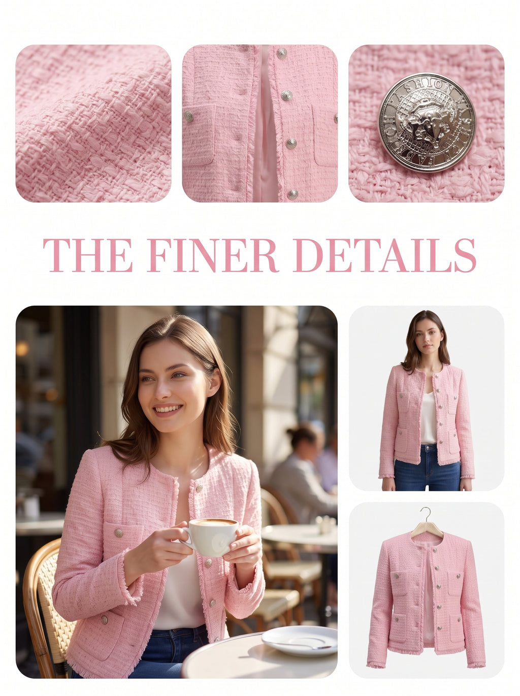 Women Pink Tweed Blazer, Round Neck Long Sleeve Cropped Jacket, Silver Metal Button Fully Lined Elegant Outerwear for Office Wedding Daily Wear