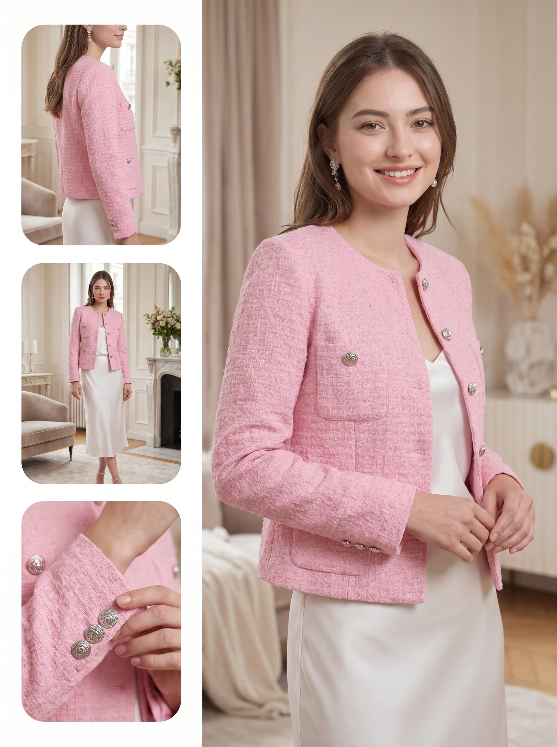 Women Pink Tweed Blazer, Round Neck Long Sleeve Cropped Jacket, Silver Metal Button Fully Lined Elegant Outerwear for Office Wedding Daily Wear