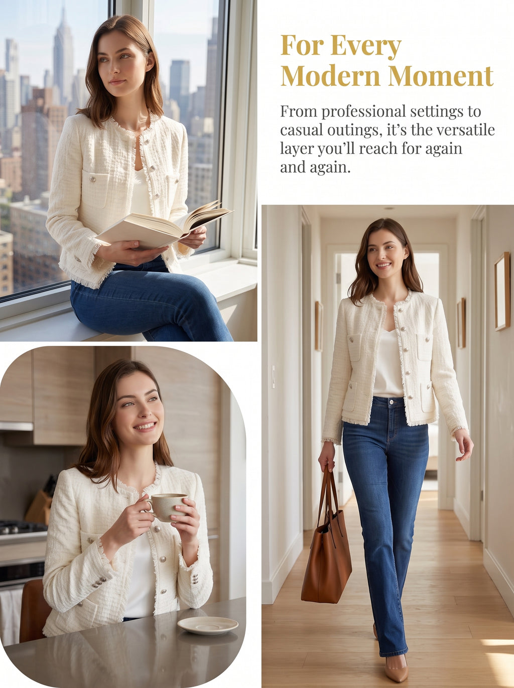 Women's Cropped Fringe Tweed Blazer Vintage Open Front Jacket with Full Liner and Pockets Business Casual Dressy Jacket Office Coat