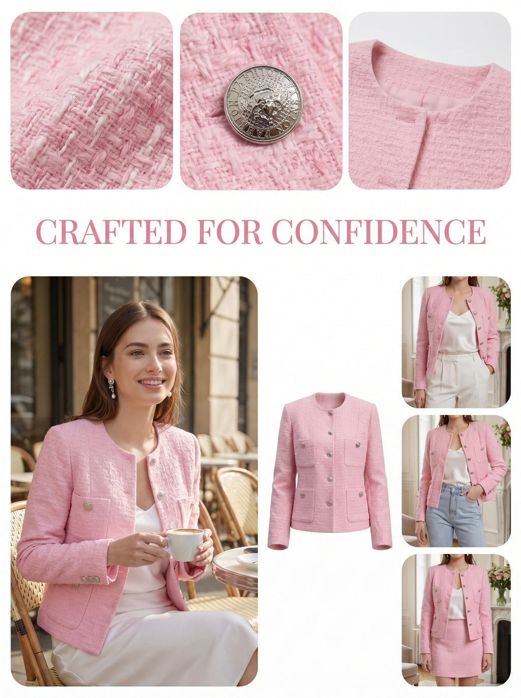 Women Pink Tweed Blazer, Round Neck Long Sleeve Cropped Jacket, Silver Metal Button Fully Lined Elegant Outerwear for Office Wedding Daily Wear