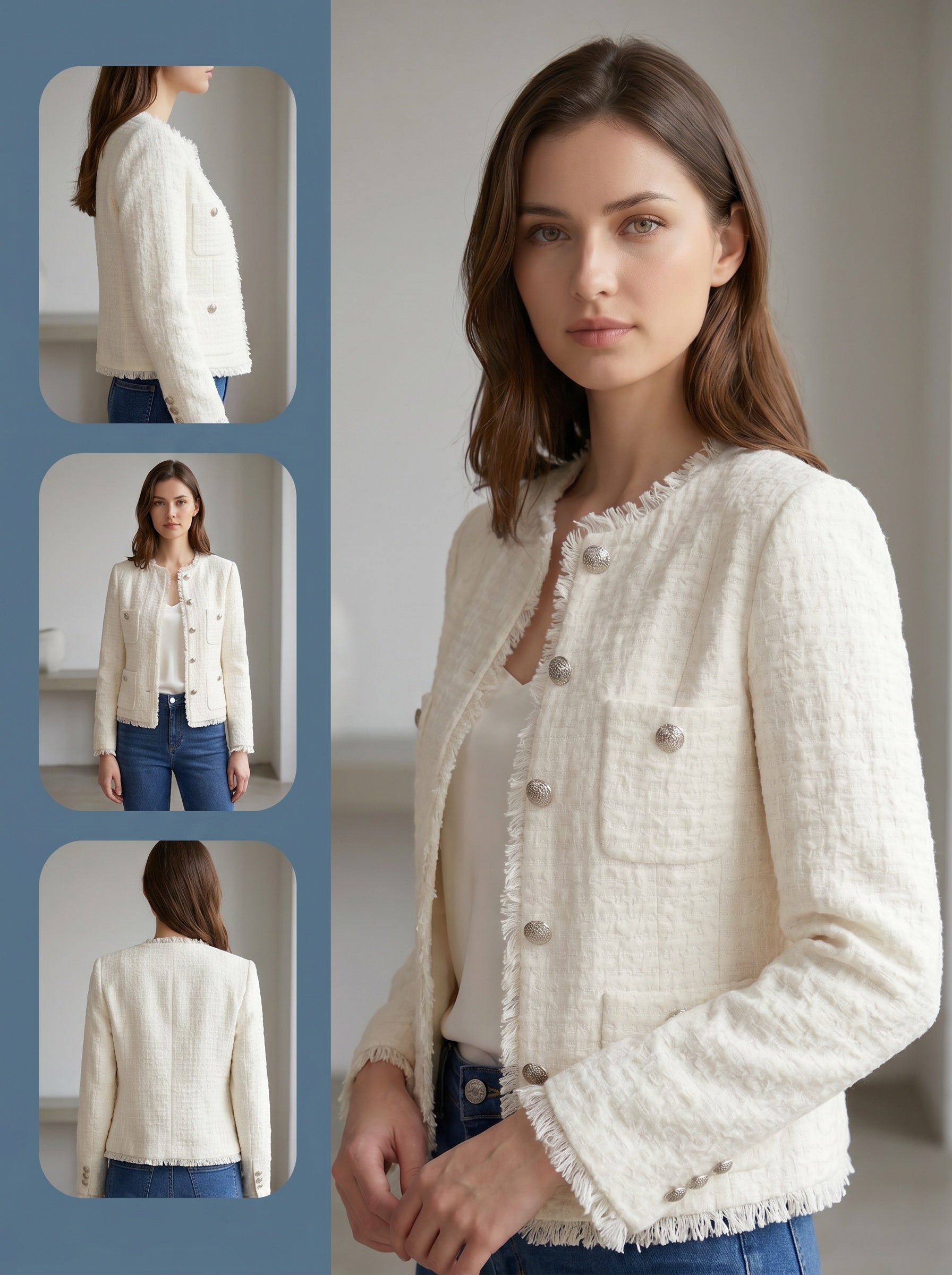 Women's Cropped Fringe Tweed Blazer Vintage Open Front Jacket with Full Liner and Pockets Business Casual Dressy Jacket Office Coat