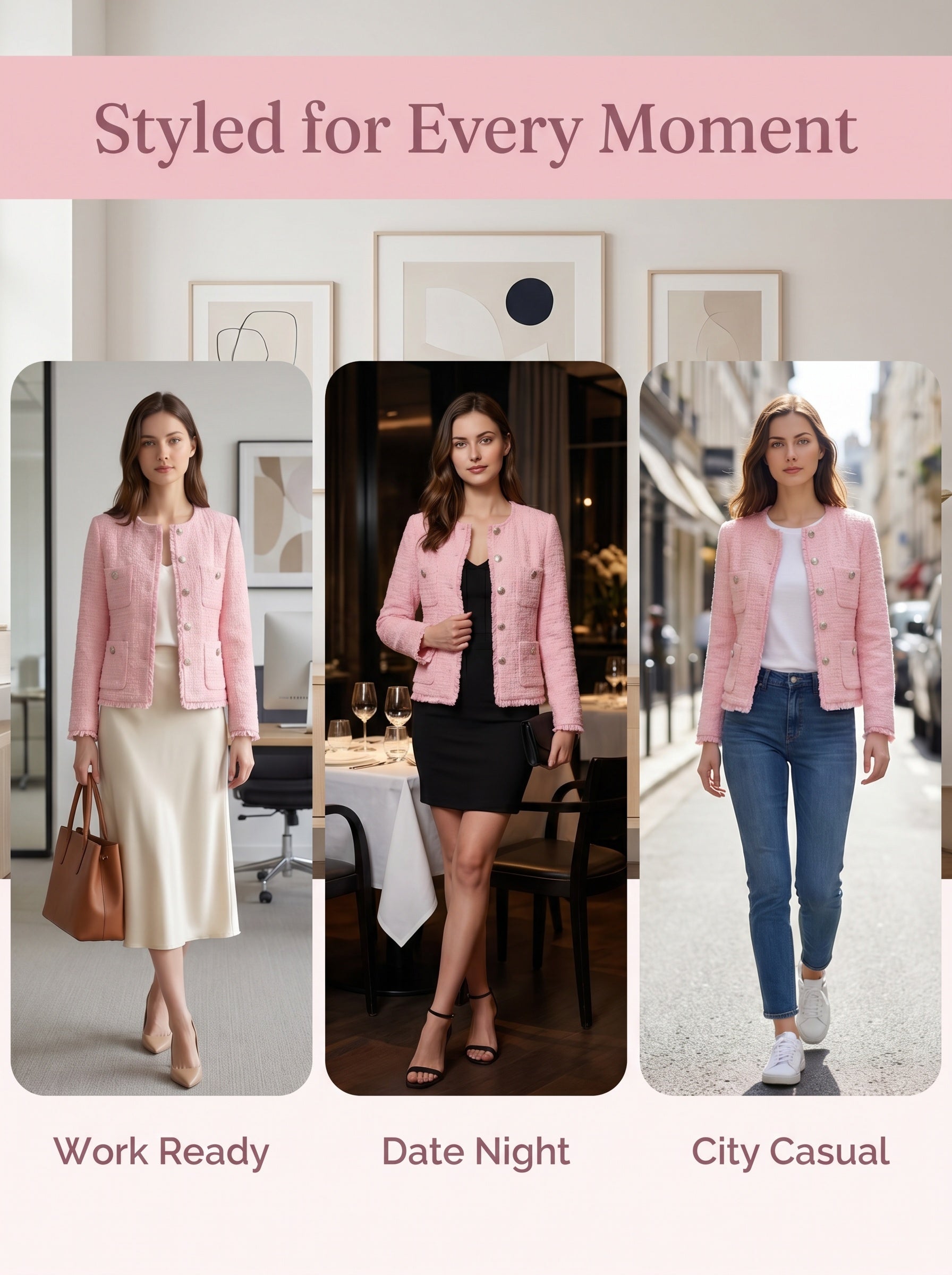 Women Pink Tweed Blazer, Round Neck Long Sleeve Cropped Jacket, Silver Metal Button Fully Lined Elegant Outerwear for Office Wedding Daily Wear