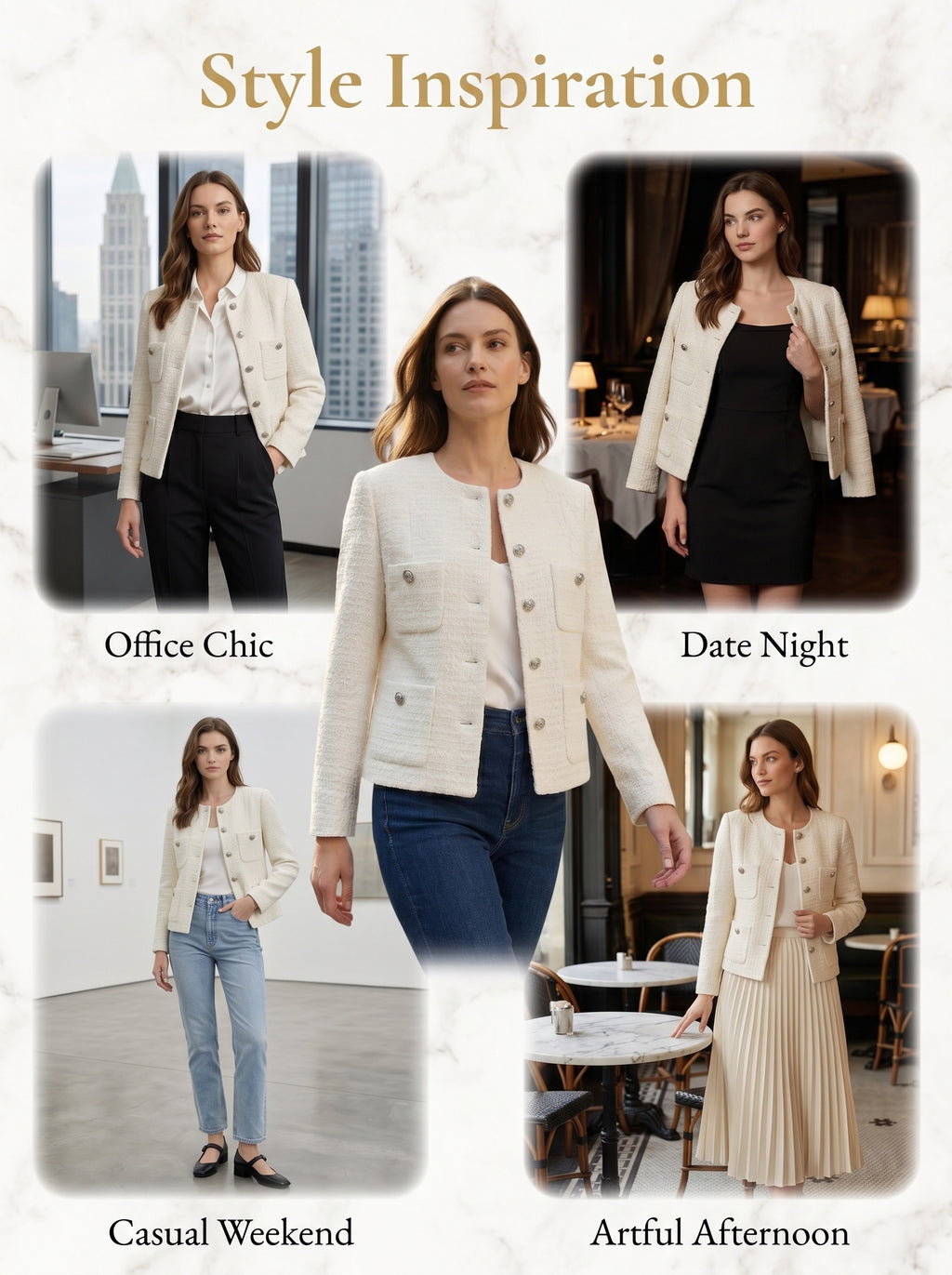 Women's Cropped Tweed Blazer, Vintage Open Front Long Sleeve Fully Lined Jacket, Casual Business Office Coat