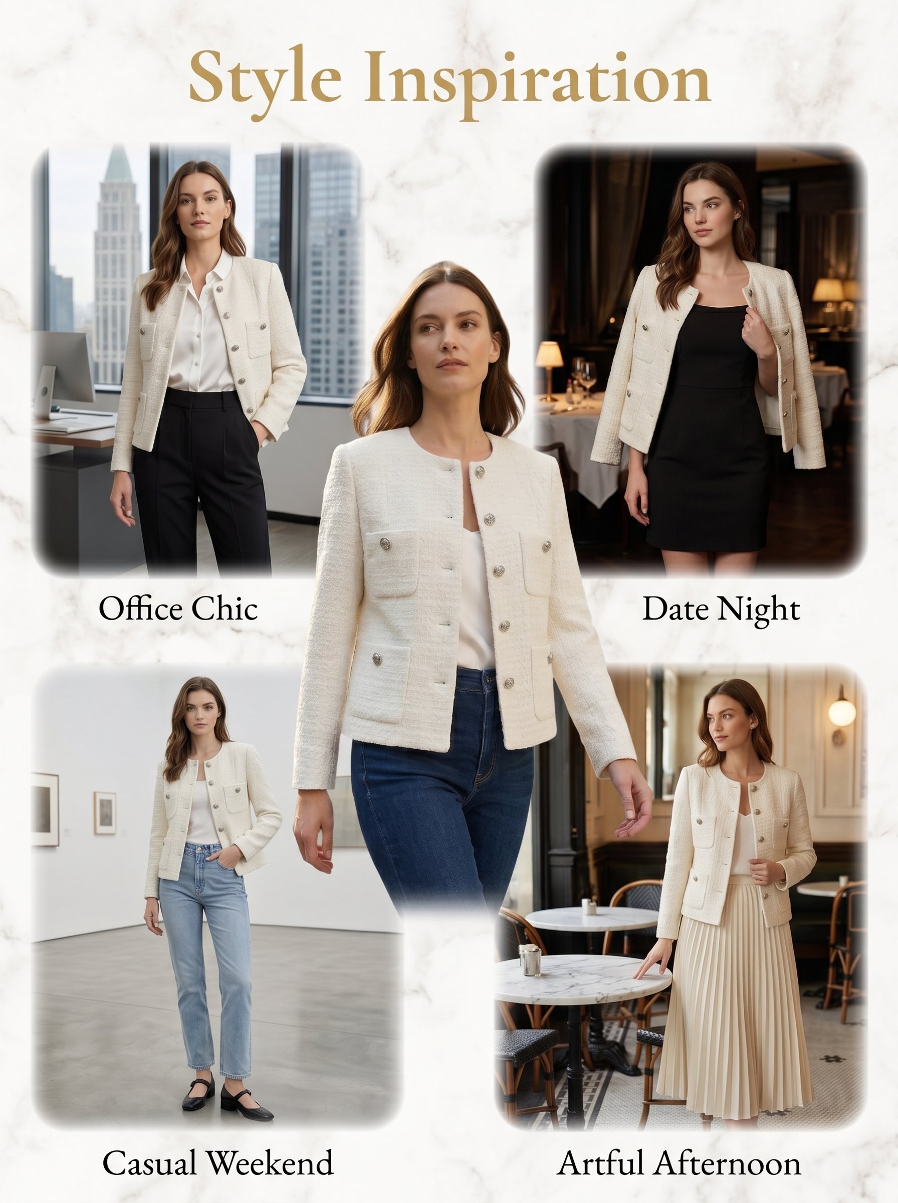 Women's Cropped Tweed Blazer, Vintage Open Front Long Sleeve Fully Lined Jacket, Casual Business Office Coat
