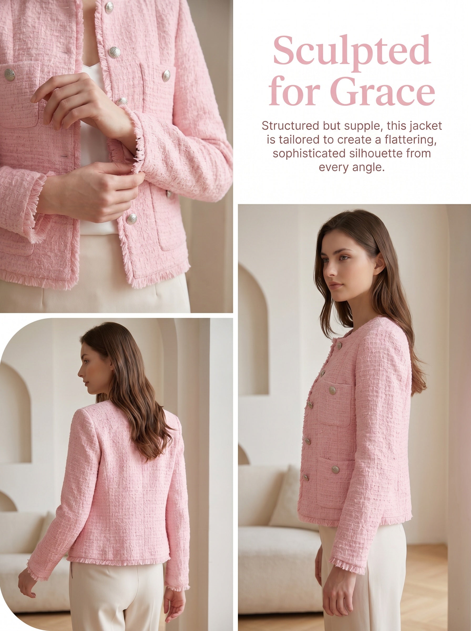Women Pink Tweed Blazer, Round Neck Long Sleeve Cropped Jacket, Silver Metal Button Fully Lined Elegant Outerwear for Office Wedding Daily Wear