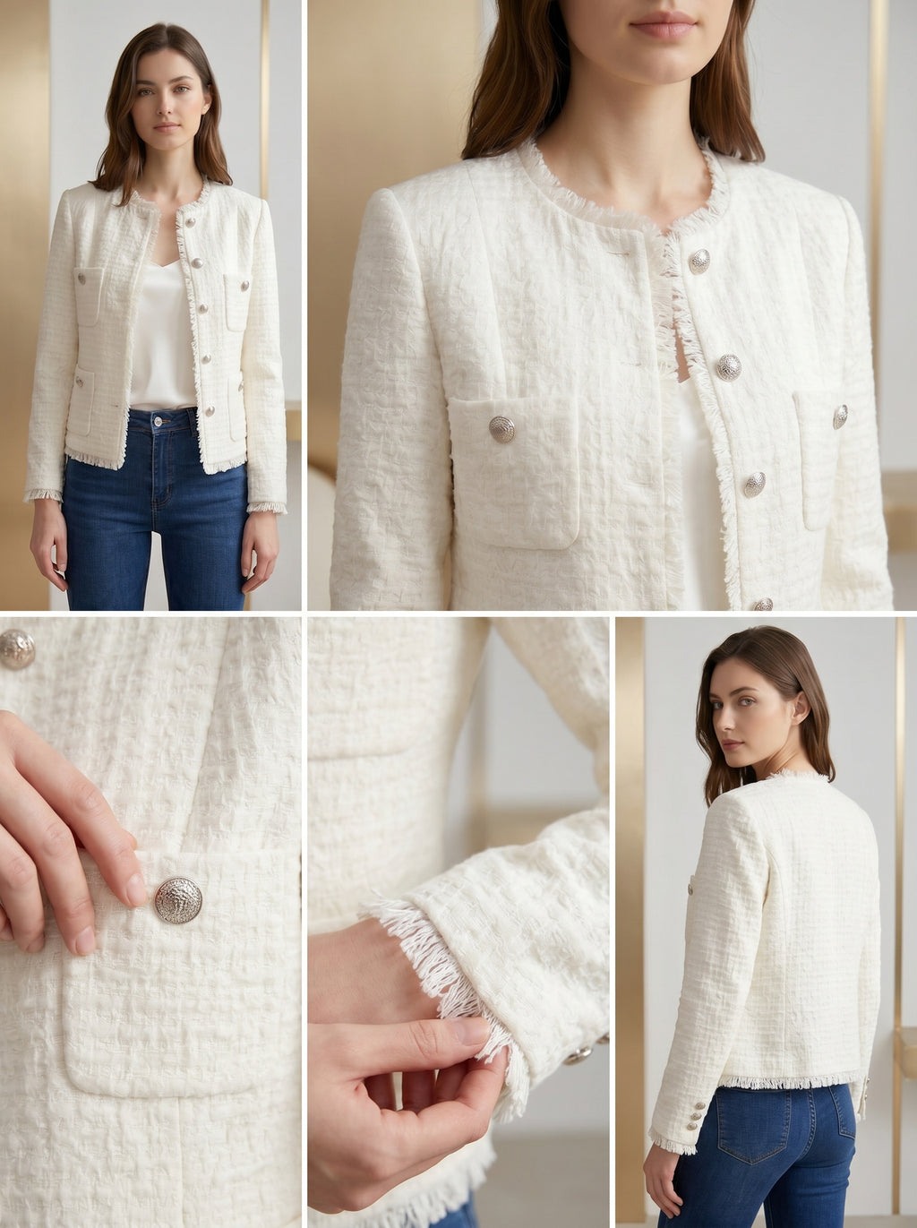 Women's Cropped Fringe Tweed Blazer Vintage Open Front Jacket with Full Liner and Pockets Business Casual Dressy Jacket Office Coat