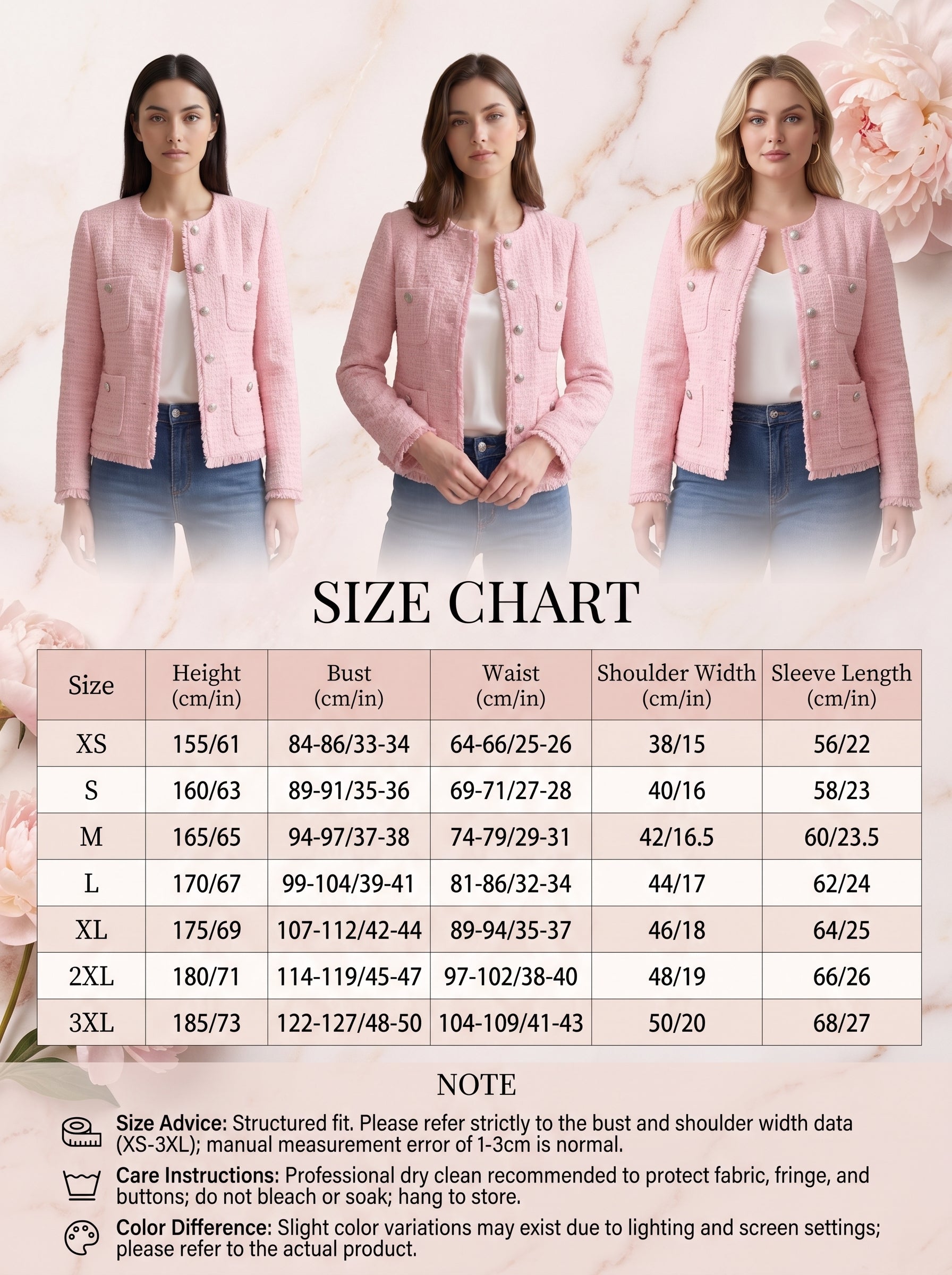 Women Pink Tweed Blazer, Round Neck Long Sleeve Cropped Jacket, Silver Metal Button Fully Lined Elegant Outerwear for Office Wedding Daily Wear