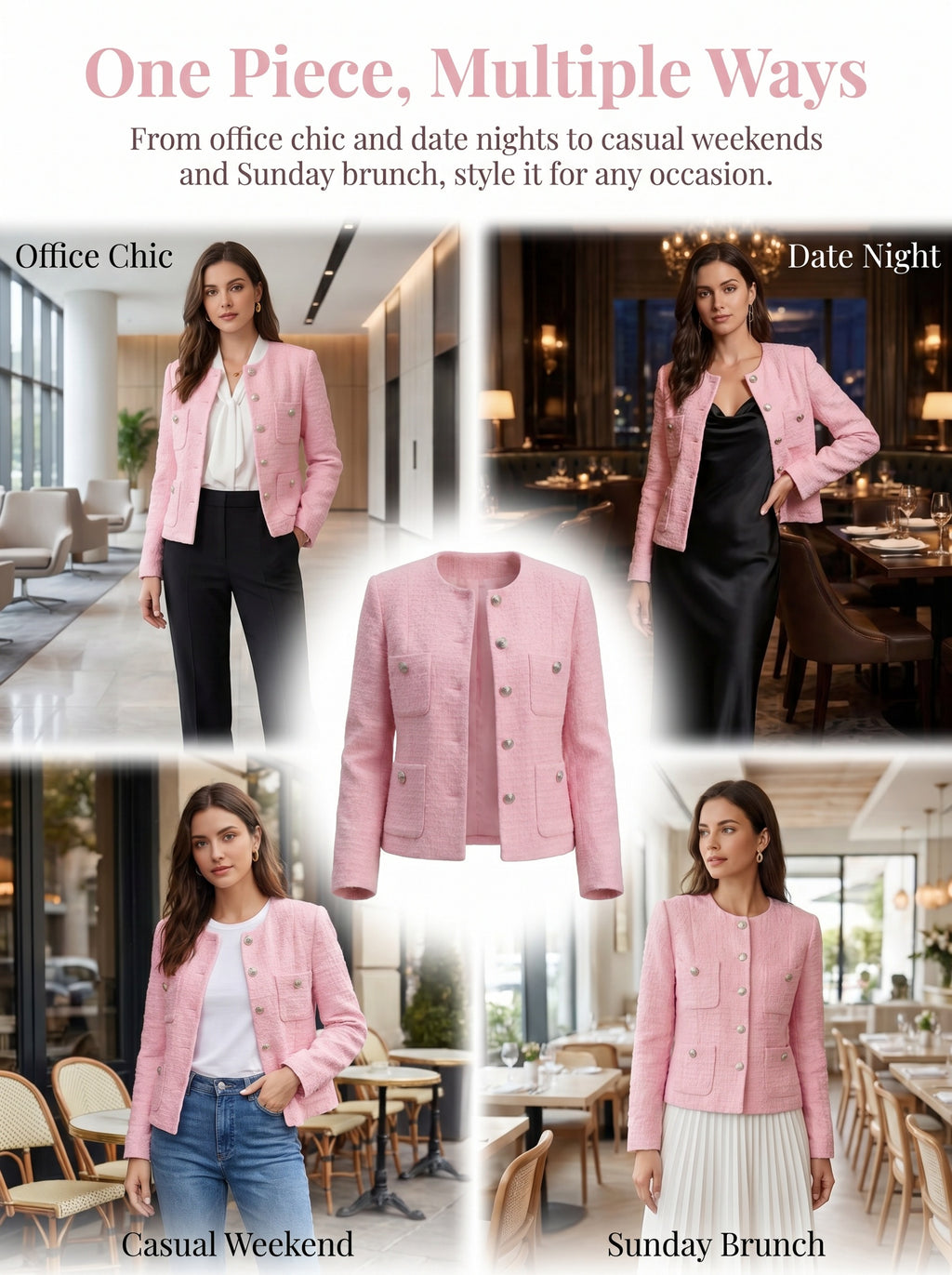 Women Pink Tweed Blazer, Round Neck Long Sleeve Cropped Jacket, Silver Metal Button Fully Lined Elegant Outerwear for Office Wedding Daily Wear