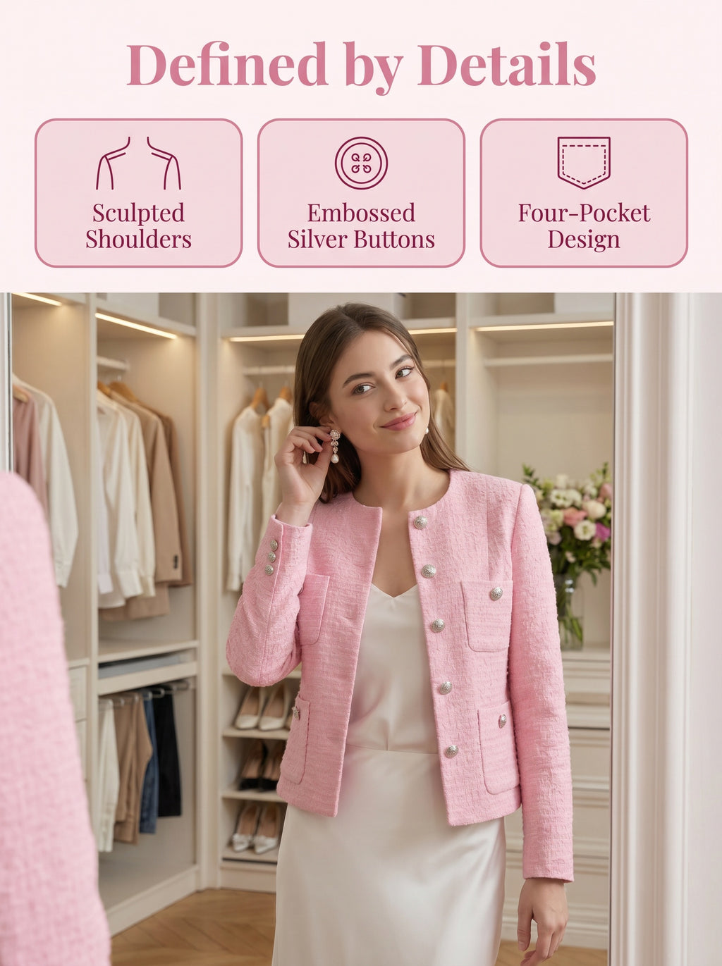 Women Pink Tweed Blazer, Round Neck Long Sleeve Cropped Jacket, Silver Metal Button Fully Lined Elegant Outerwear for Office Wedding Daily Wear