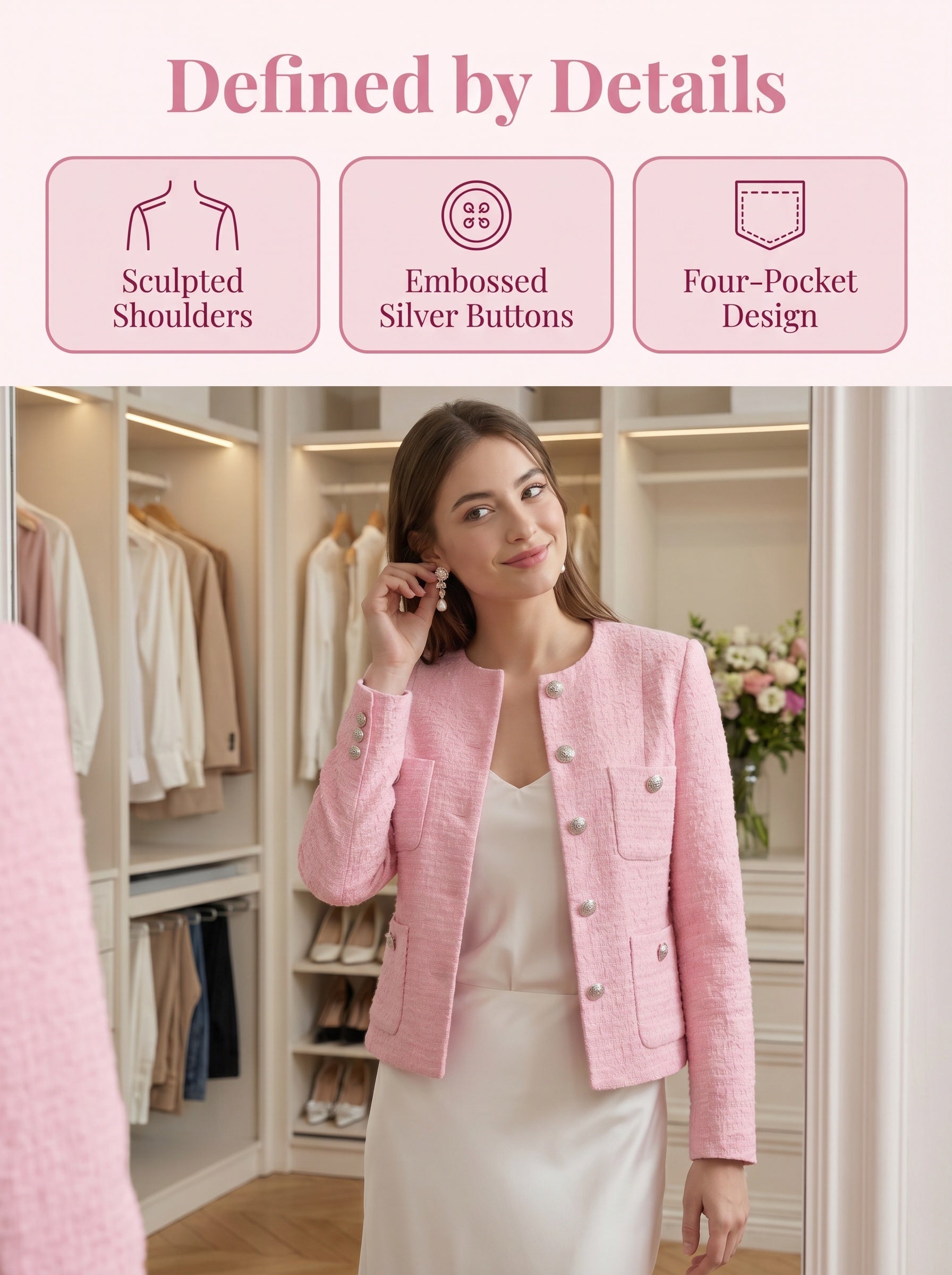 Women Pink Tweed Blazer, Round Neck Long Sleeve Cropped Jacket, Silver Metal Button Fully Lined Elegant Outerwear for Office Wedding Daily Wear