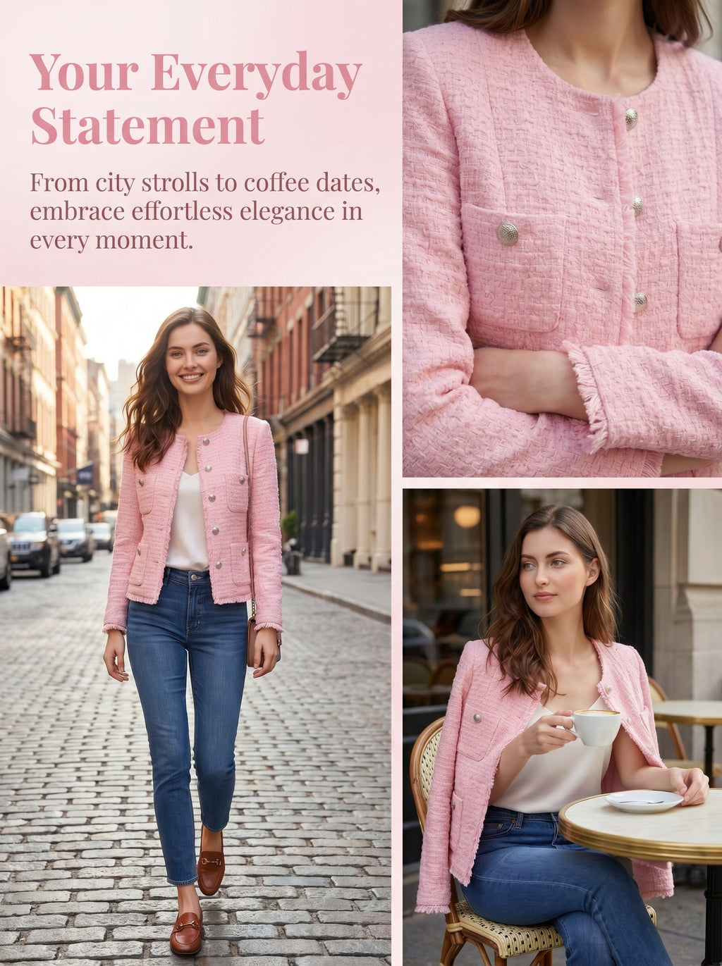 Women Pink Tweed Blazer, Round Neck Long Sleeve Cropped Jacket, Silver Metal Button Fully Lined Elegant Outerwear for Office Wedding Daily Wear