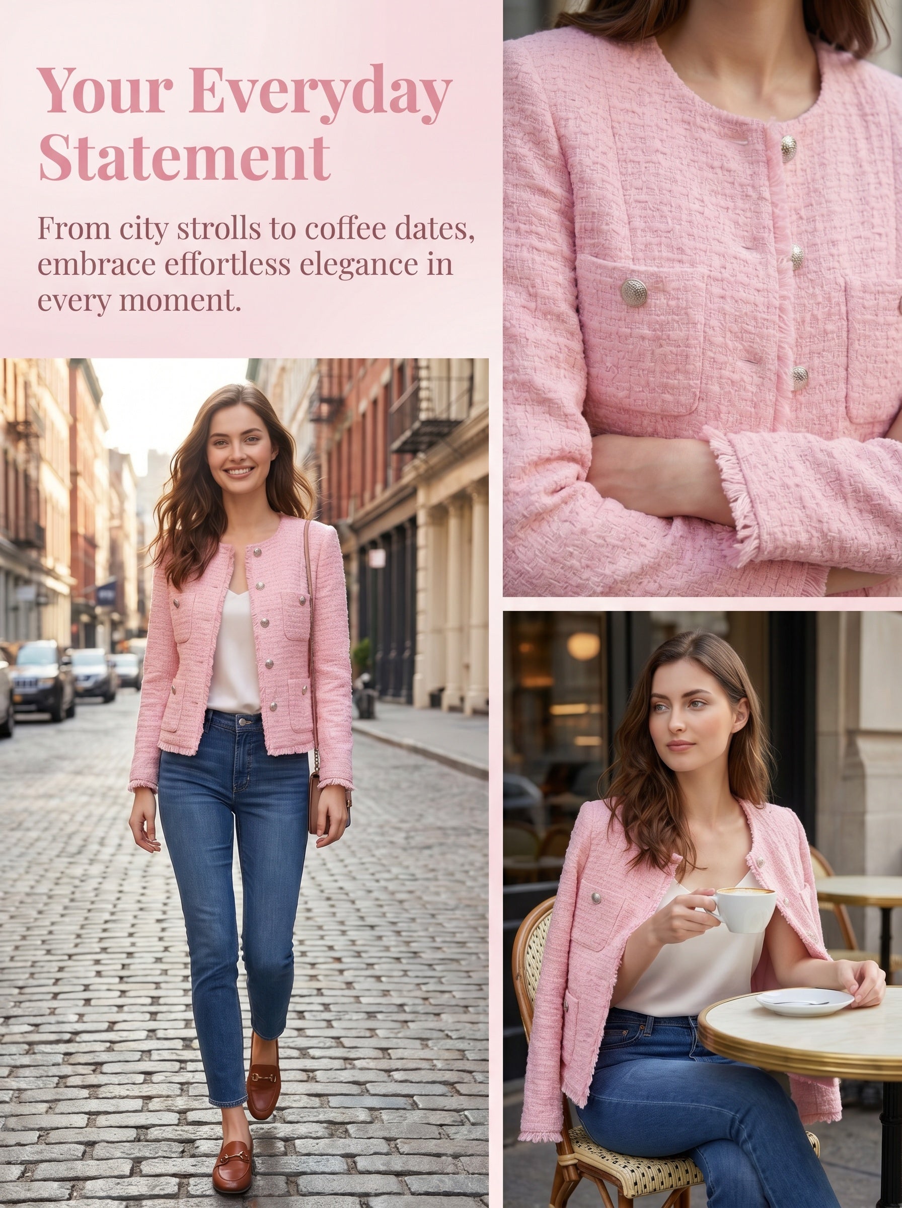 Women Pink Tweed Blazer, Round Neck Long Sleeve Cropped Jacket, Silver Metal Button Fully Lined Elegant Outerwear for Office Wedding Daily Wear