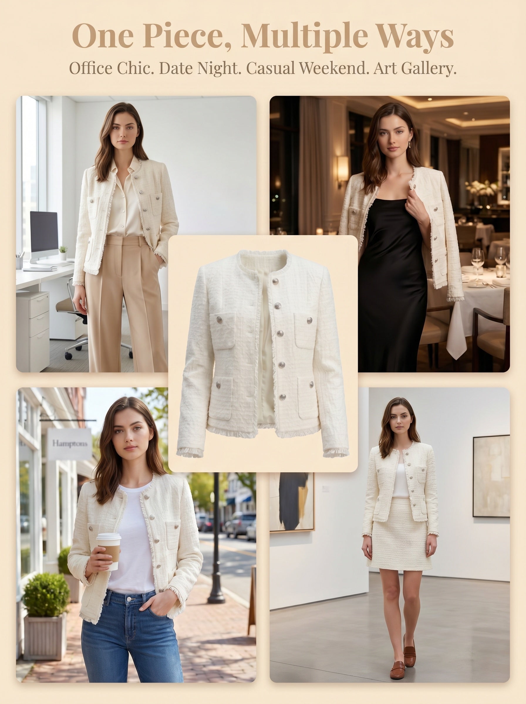 Women's Cropped Fringe Tweed Blazer Vintage Open Front Jacket with Full Liner and Pockets Business Casual Dressy Jacket Office Coat