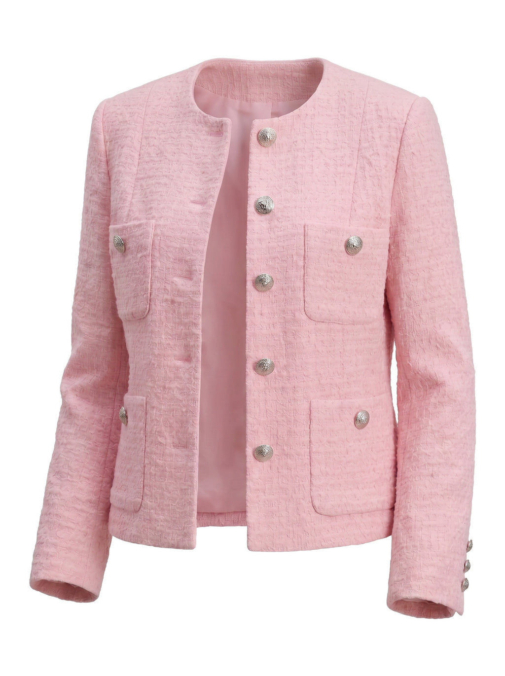 Women Pink Tweed Blazer, Round Neck Long Sleeve Cropped Jacket, Silver Metal Button Fully Lined Elegant Outerwear for Office Wedding Daily Wear
