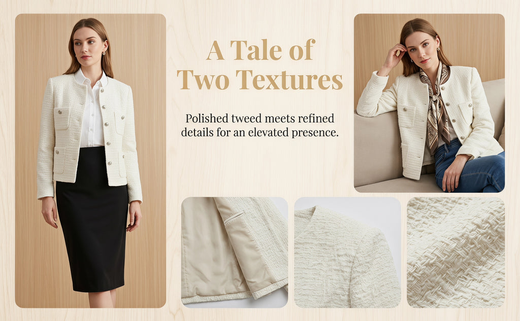 Women's Cropped Tweed Blazer, Vintage Open Front Long Sleeve Fully Lined Jacket, Casual Business Office Coat